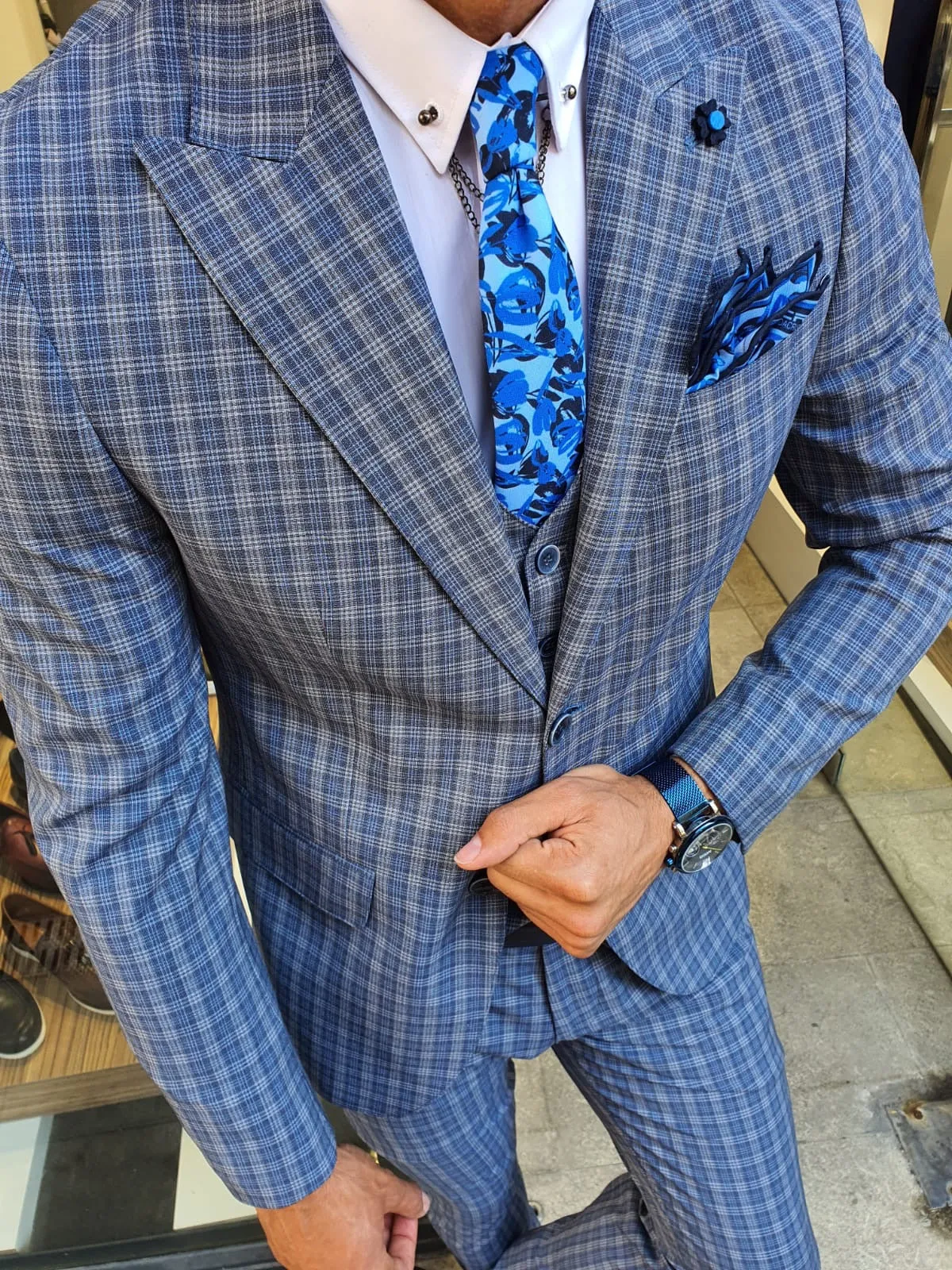 Abeston Navy Blue Slim Fit Plaid Check Suit