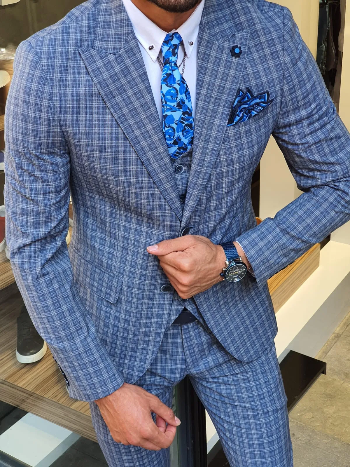 Abeston Navy Blue Slim Fit Plaid Check Suit