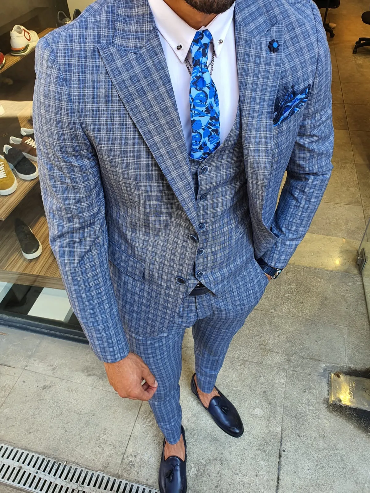 Abeston Navy Blue Slim Fit Plaid Check Suit