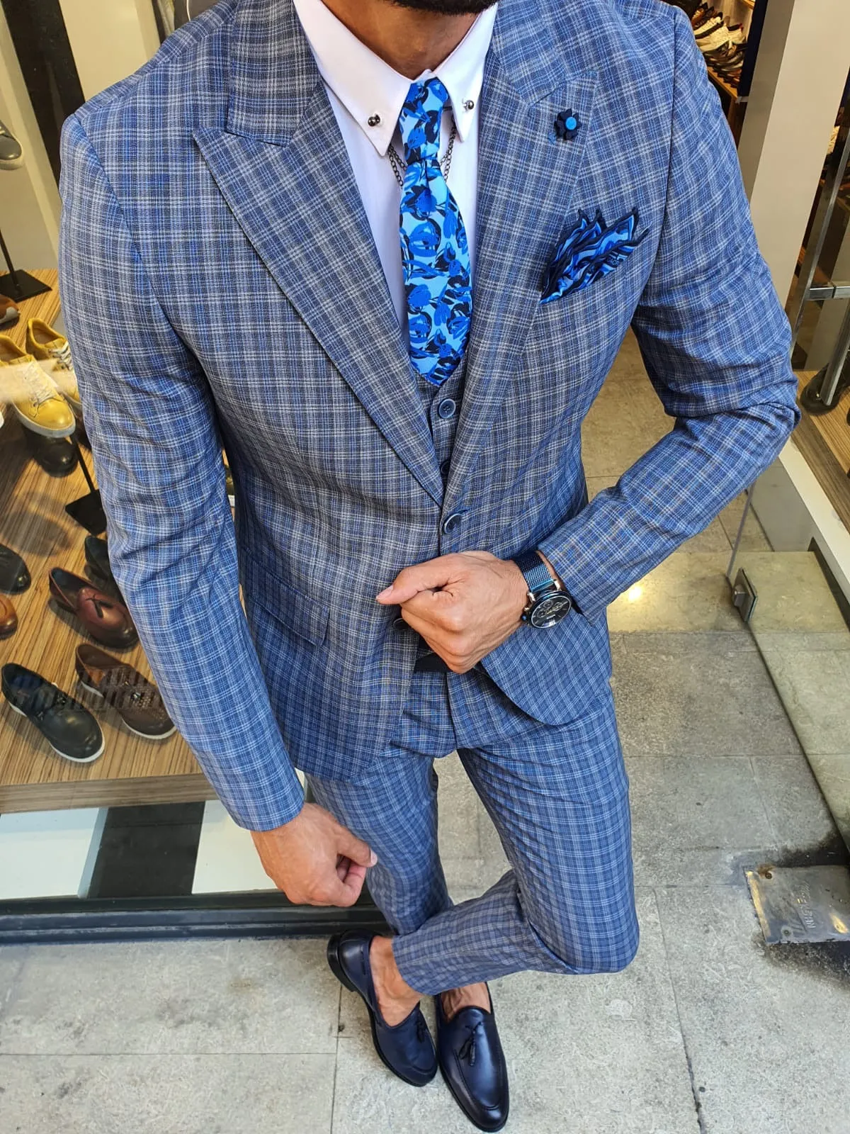Abeston Navy Blue Slim Fit Plaid Check Suit