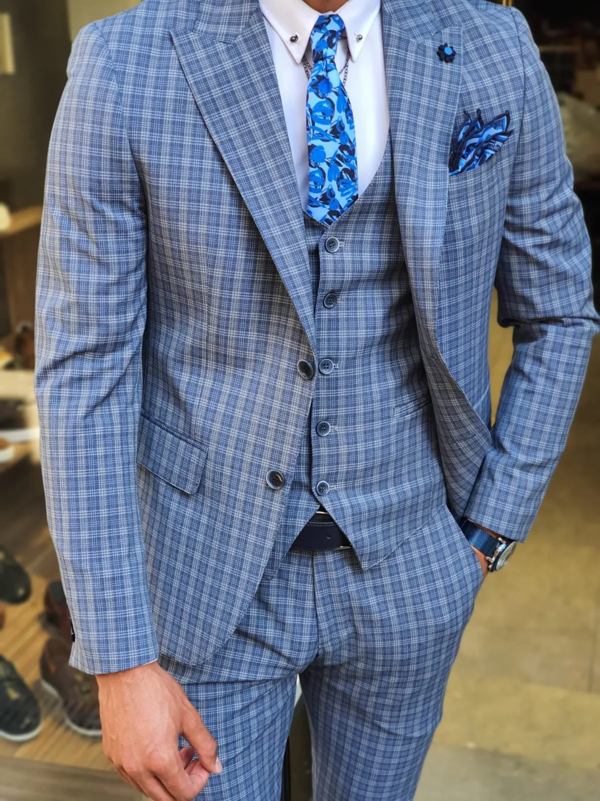 Abeston Navy Blue Slim Fit Plaid Check Suit