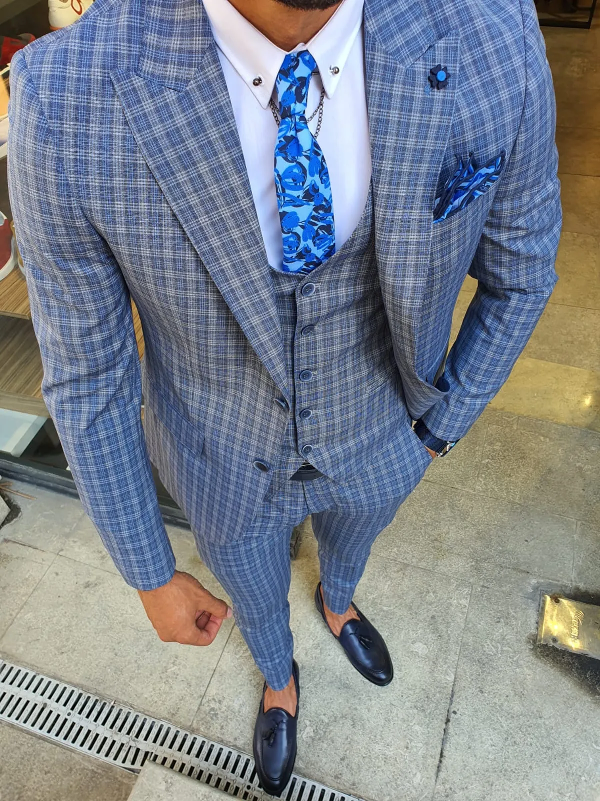 Abeston Navy Blue Slim Fit Plaid Check Suit