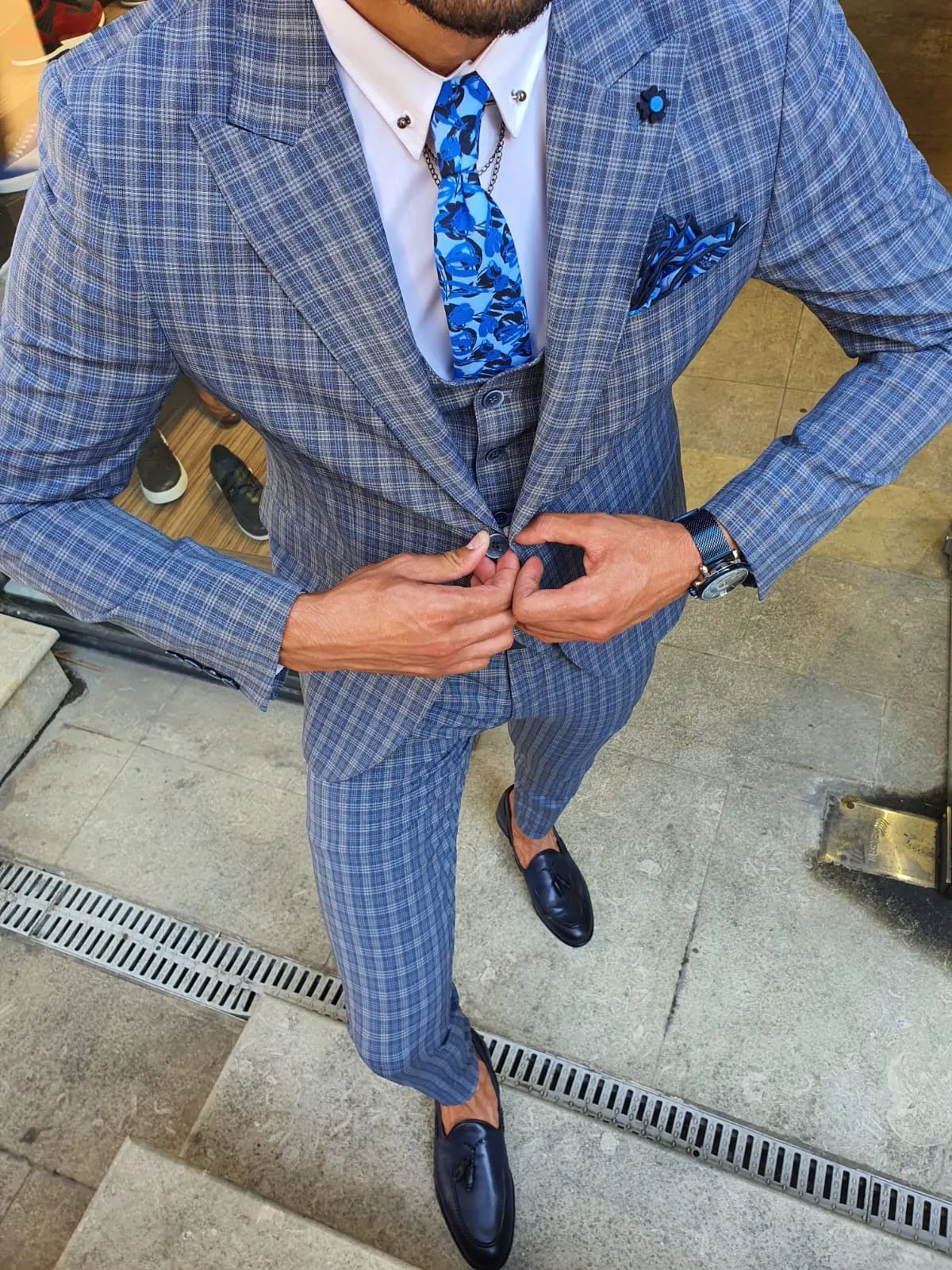 Abeston Navy Blue Slim Fit Plaid Check Suit