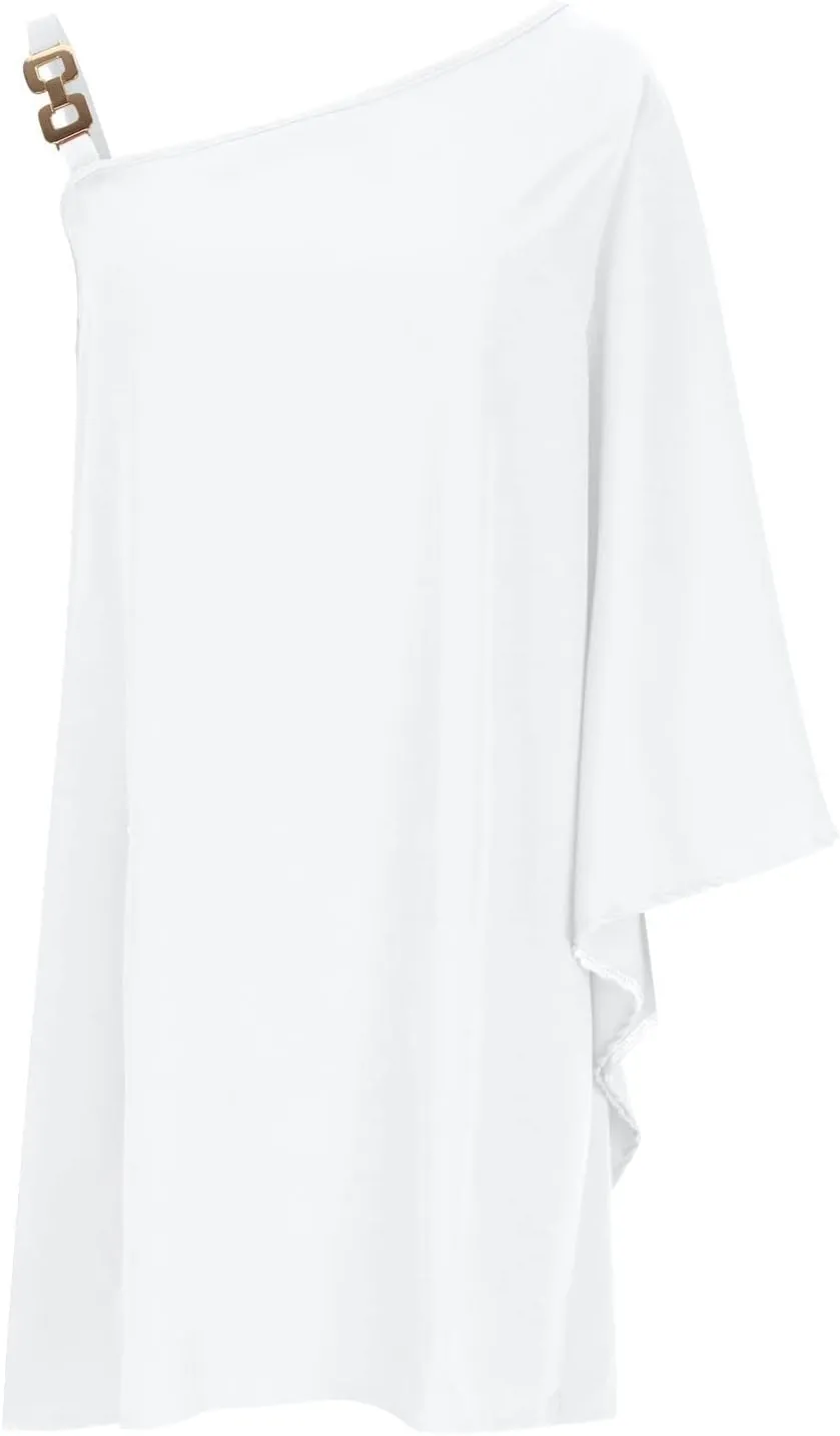 ADHOWBEW Summer Dress for Women,Fashion One Shoulder Batwing Sleeve Mini Dress Loose Fit Casual Flowy Floral Print Cute Dress