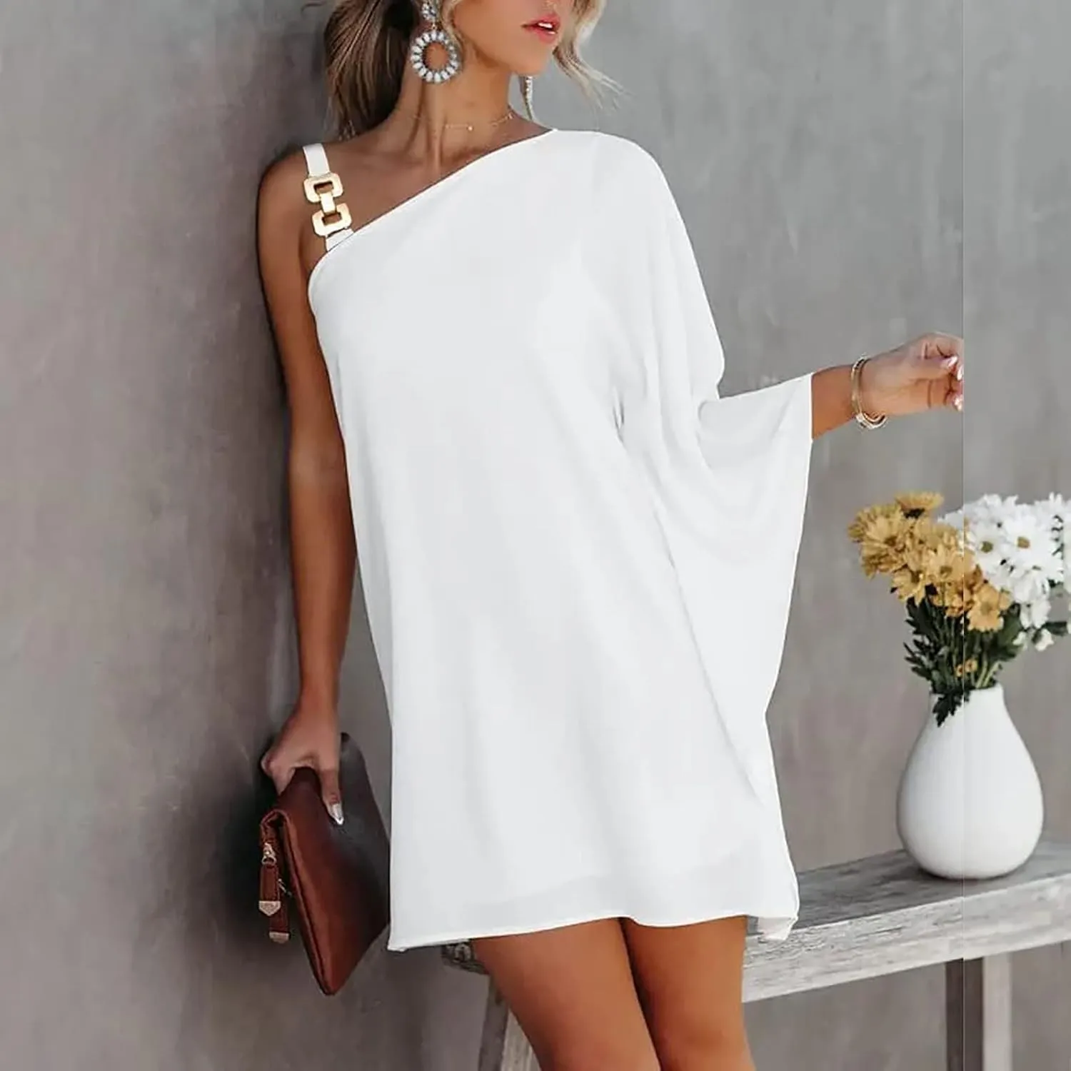 ADHOWBEW Summer Dress for Women,Fashion One Shoulder Batwing Sleeve Mini Dress Loose Fit Casual Flowy Floral Print Cute Dress