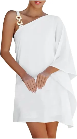 ADHOWBEW Summer Dress for Women,Fashion One Shoulder Batwing Sleeve Mini Dress Loose Fit Casual Flowy Floral Print Cute Dress