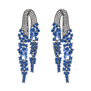 Aretes cascada doble con zirconias azul - chapa de rodio
