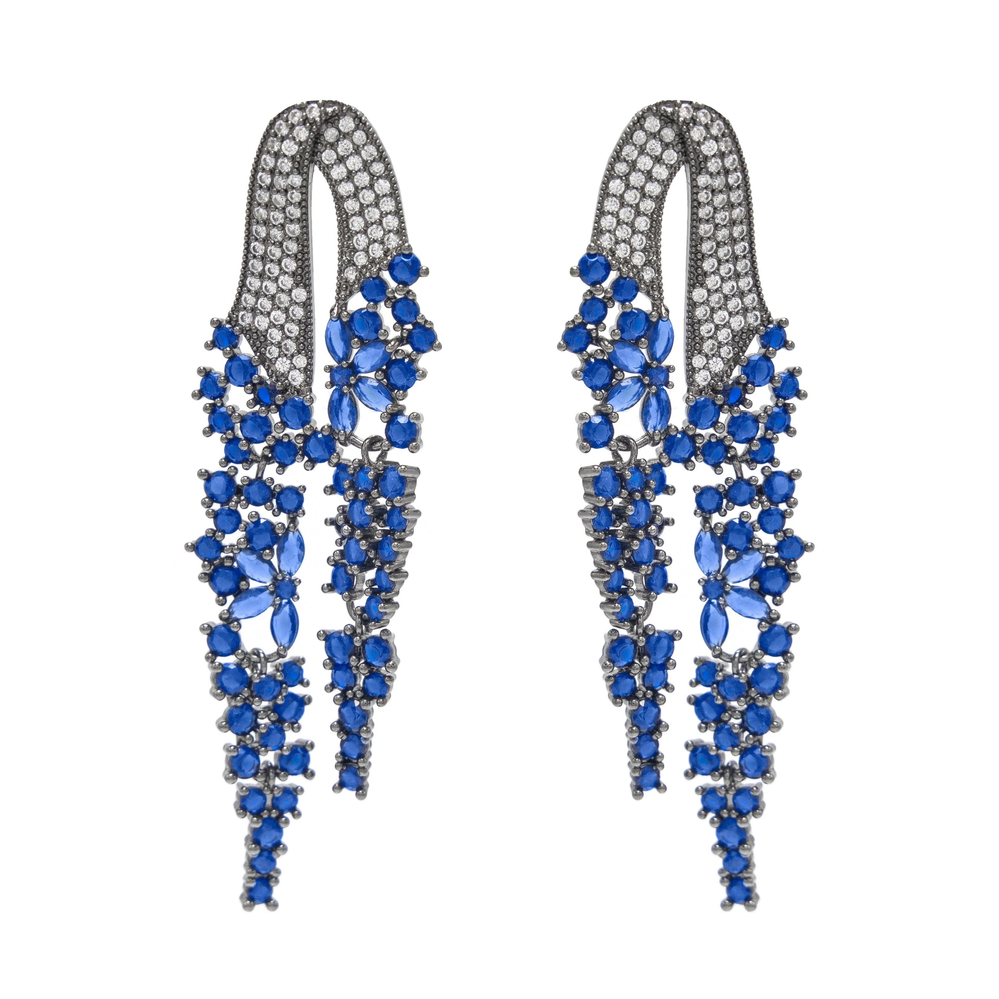 Aretes cascada doble con zirconias azul - chapa de rodio