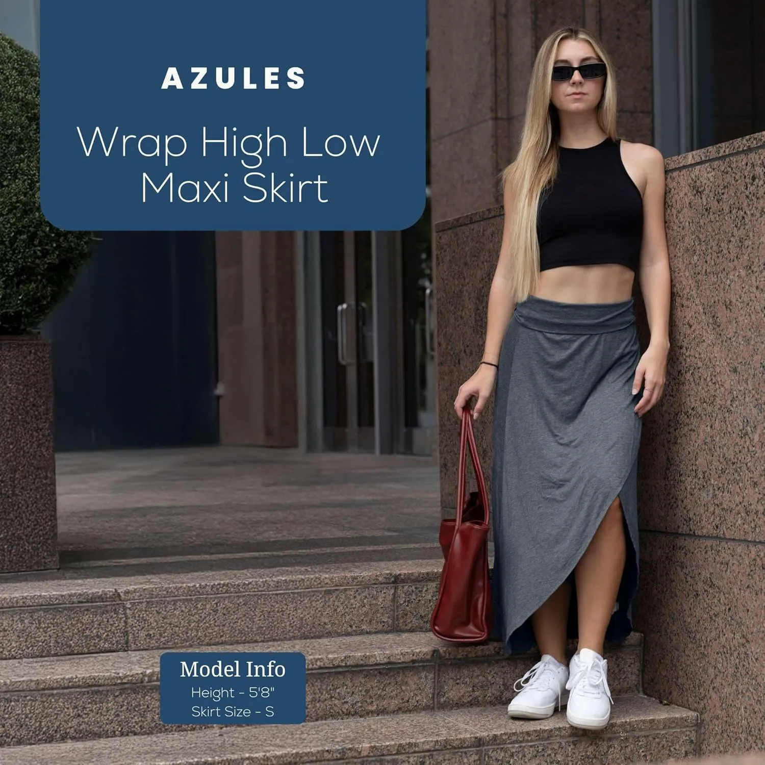 Azules High-Low Hem Maxi Skirts for Women - Flowy, Wrap Front Slit, Summer Foldover Skirt - High Waisted Long Skirt for Women
