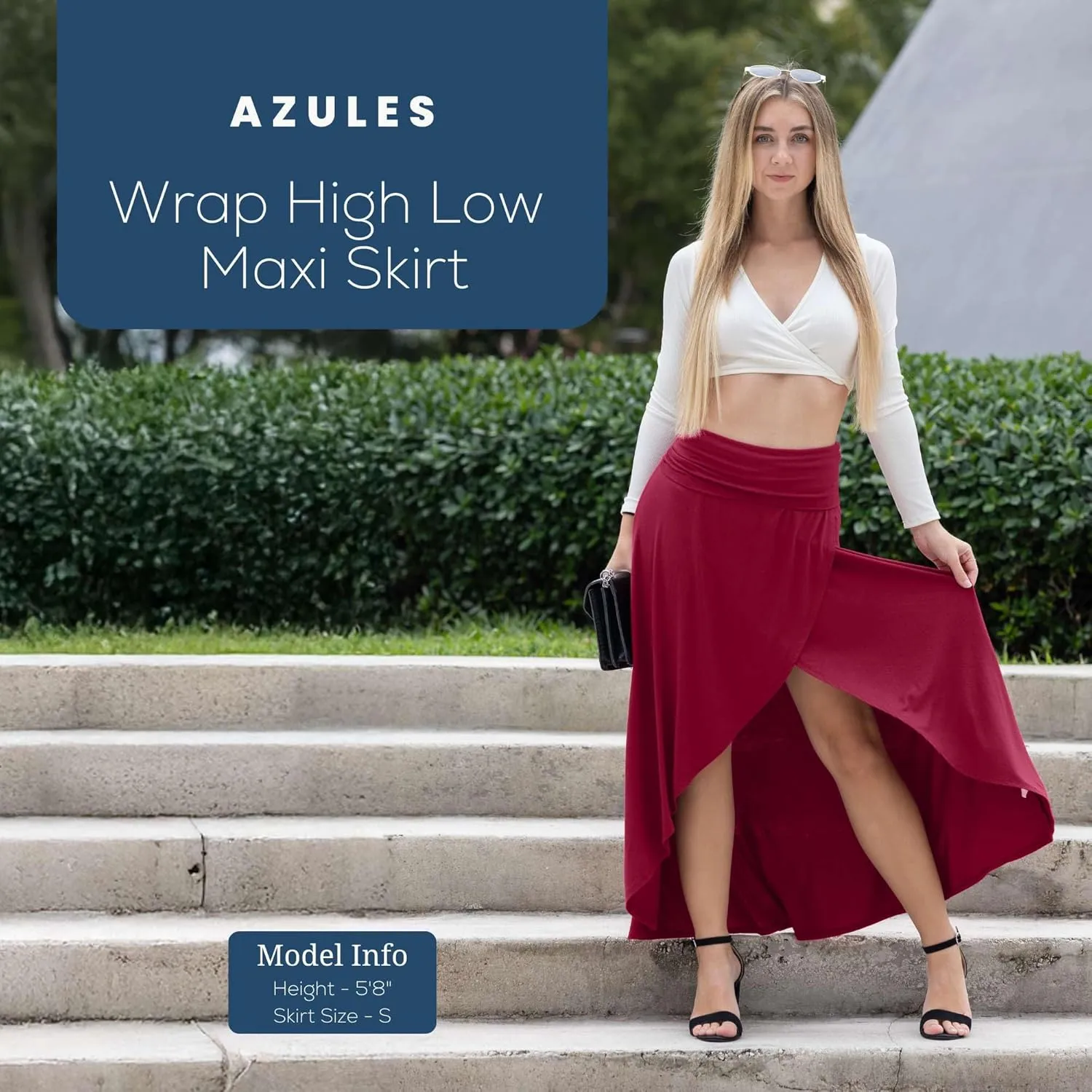 Azules High-Low Hem Maxi Skirts for Women - Flowy, Wrap Front Slit, Summer Foldover Skirt - High Waisted Long Skirt for Women