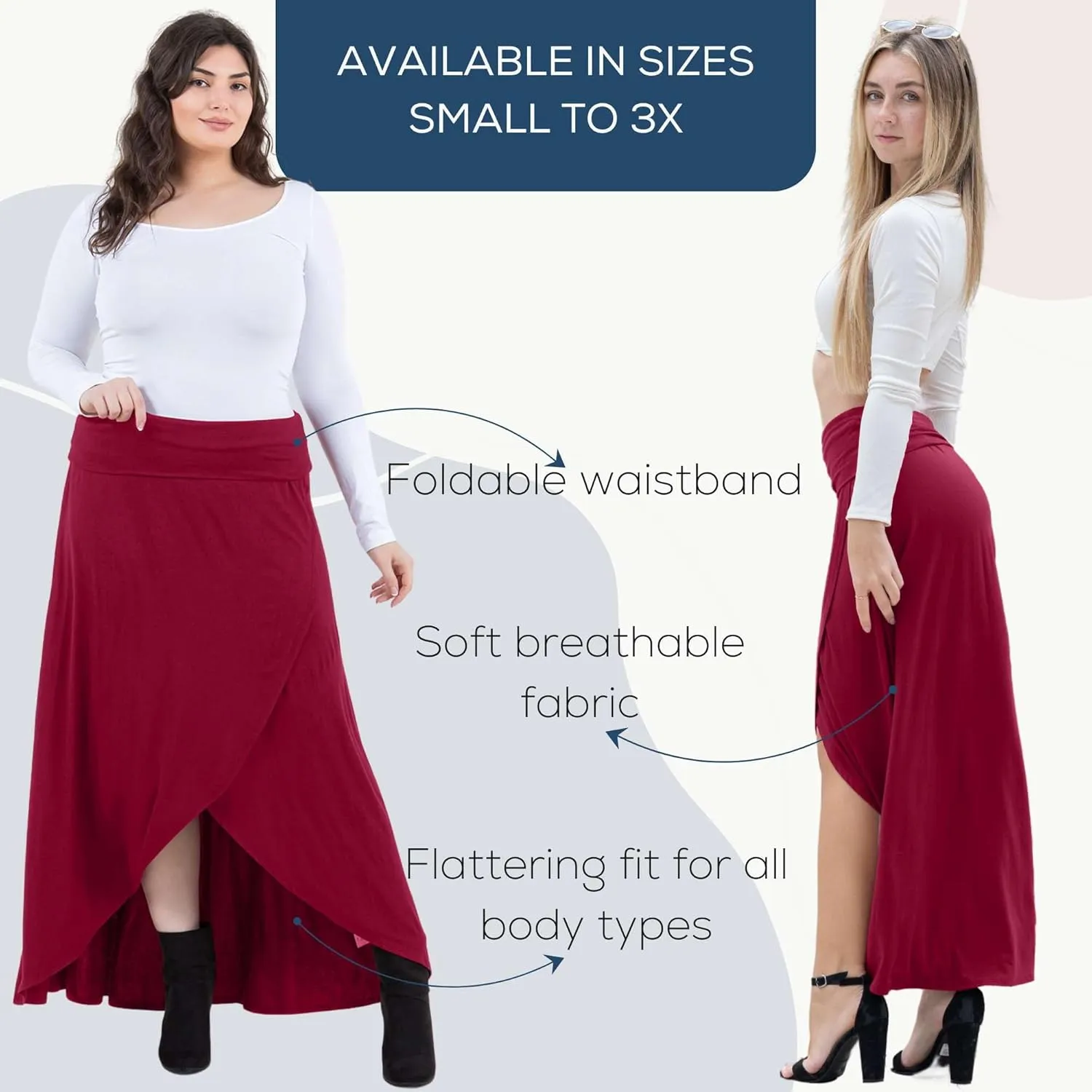 Azules High-Low Hem Maxi Skirts for Women - Flowy, Wrap Front Slit, Summer Foldover Skirt - High Waisted Long Skirt for Women