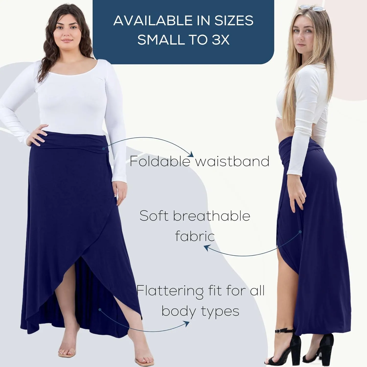 Azules High-Low Hem Maxi Skirts for Women - Flowy, Wrap Front Slit, Summer Foldover Skirt - High Waisted Long Skirt for Women
