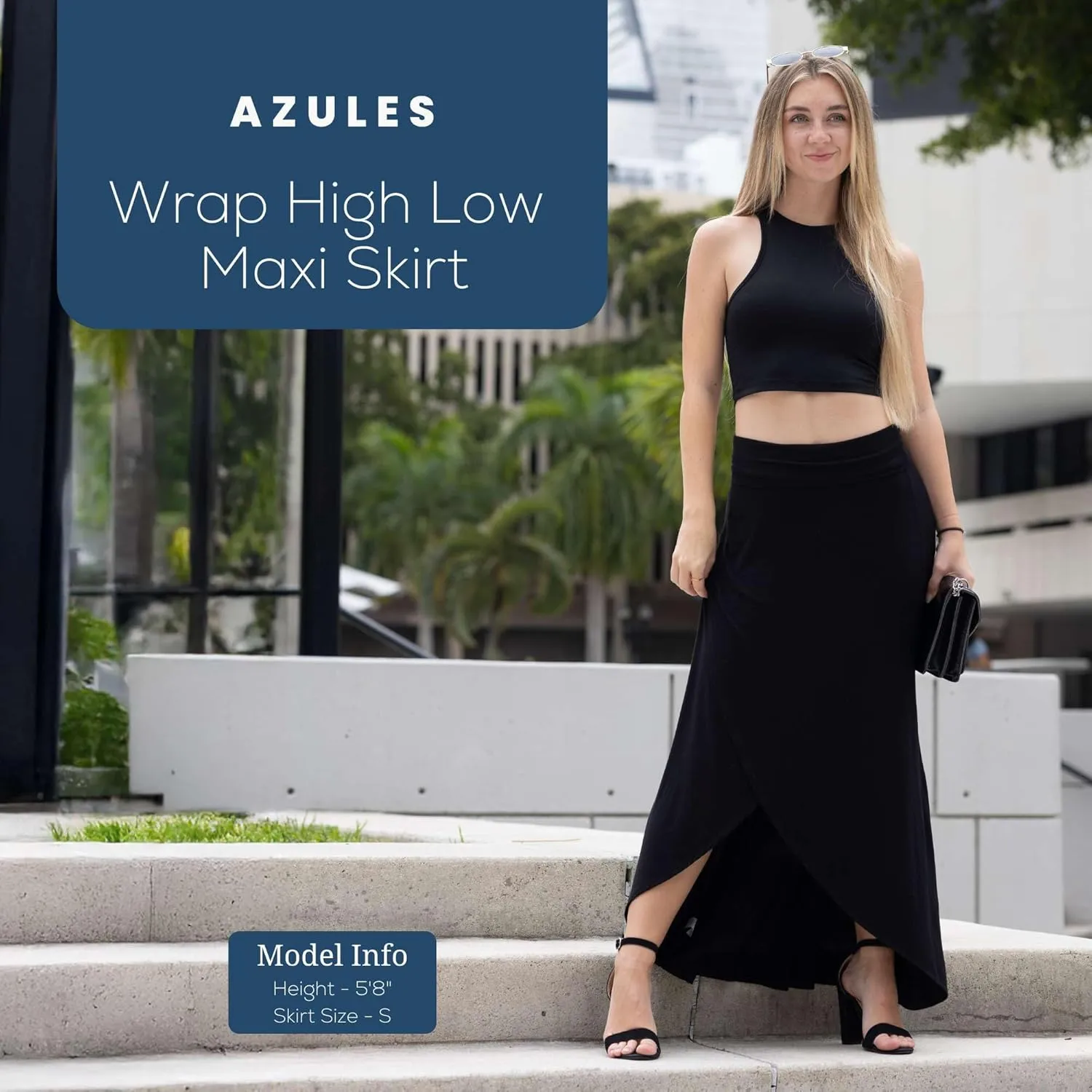 Azules High-Low Hem Maxi Skirts for Women - Flowy, Wrap Front Slit, Summer Foldover Skirt - High Waisted Long Skirt for Women