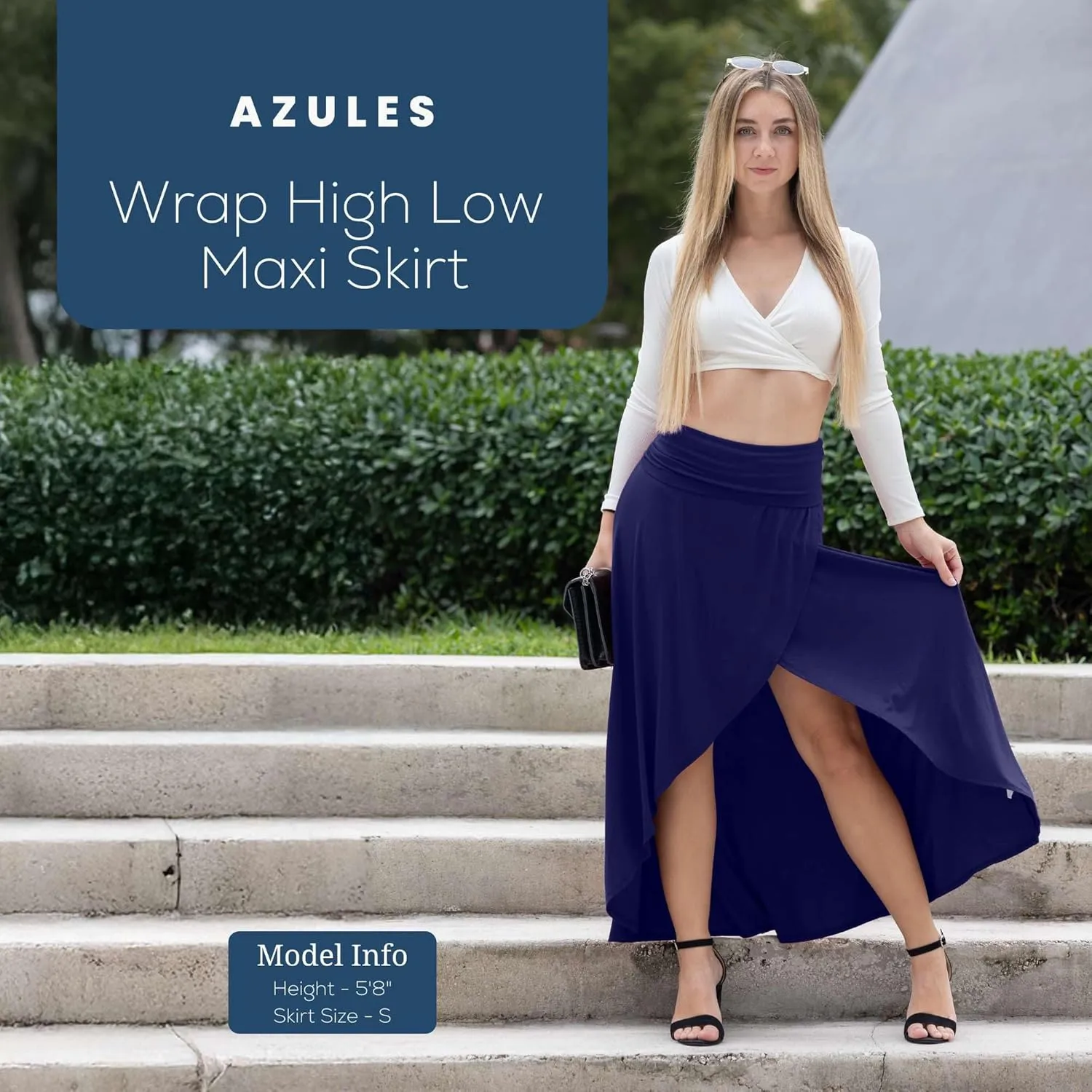 Azules High-Low Hem Maxi Skirts for Women - Flowy, Wrap Front Slit, Summer Foldover Skirt - High Waisted Long Skirt for Women