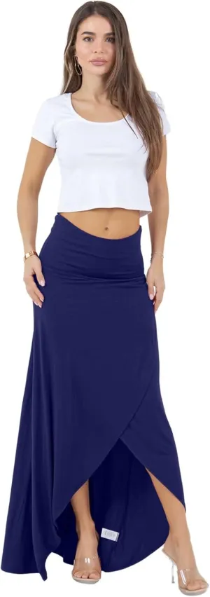 Azules High-Low Hem Maxi Skirts for Women - Flowy, Wrap Front Slit, Summer Foldover Skirt - High Waisted Long Skirt for Women