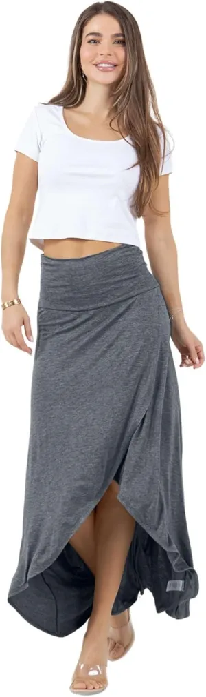 Azules High-Low Hem Maxi Skirts for Women - Flowy, Wrap Front Slit, Summer Foldover Skirt - High Waisted Long Skirt for Women