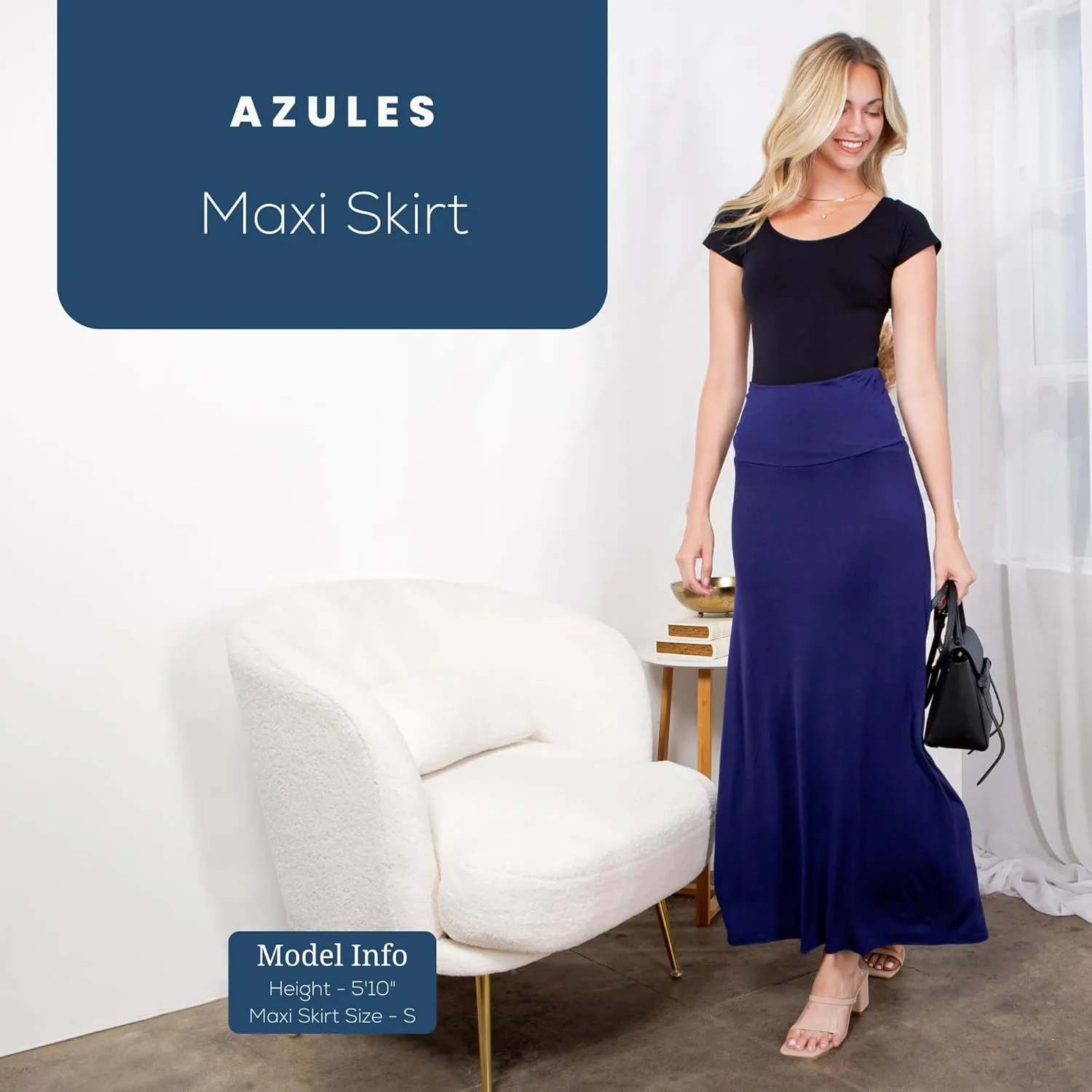 Azules High Waisted Maxi Skirts for Women - Standard & Plus Size Ankle Length Skirt - Formal & Casual Long Skirt for Women