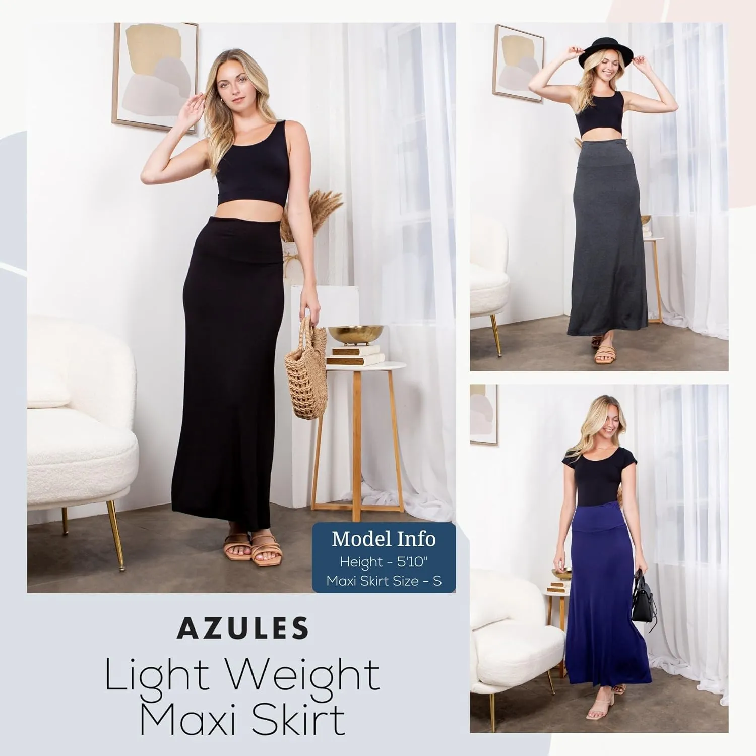 Azules High Waisted Maxi Skirts for Women - Standard & Plus Size Ankle Length Skirt - Formal & Casual Long Skirt for Women