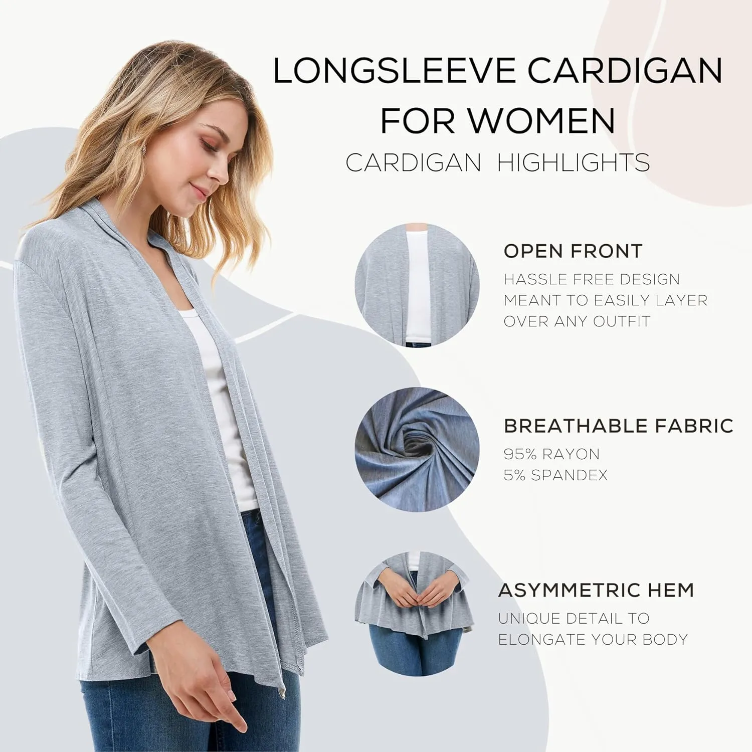 Azules Long Sleeve Open Front Cardigan for Women - Lightweight Cardigan Sweaters