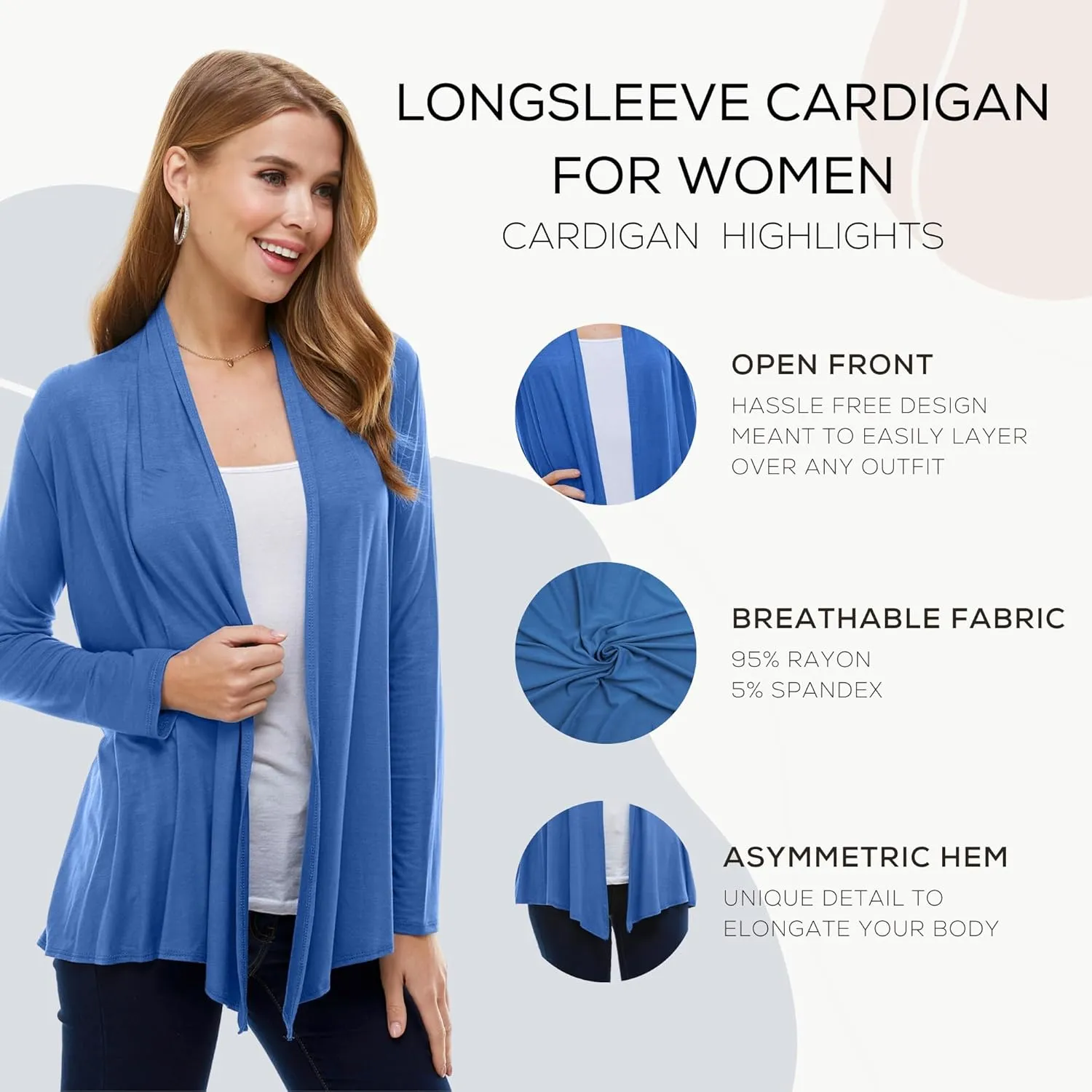 Azules Long Sleeve Open Front Cardigan for Women - Lightweight Cardigan Sweaters