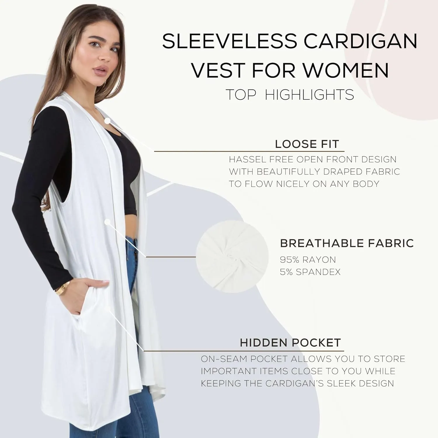 Azules Sleeveless Long Cardigans for Women with Side Pockets - Summer Vest Open Front Light Women's Cardigan Dressy Blazer