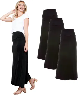 Azules Women's Maxi Skirt: Elegant, Soft, Stretchy Flowy Rayon Boho, High Waist Fold Over ?C Versatile for Any Occasion.
