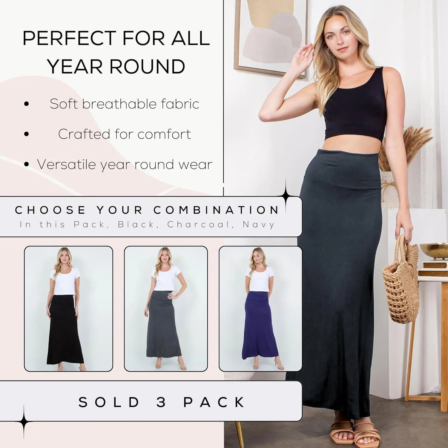Azules Women's Maxi Skirt: Elegant, Soft, Stretchy Flowy Rayon Boho, High Waist Fold Over ?C Versatile for Any Occasion.