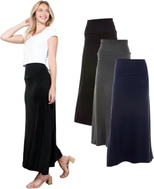Azules Women's Maxi Skirt: Elegant, Soft, Stretchy Flowy Rayon Boho, High Waist Fold Over ?C Versatile for Any Occasion.