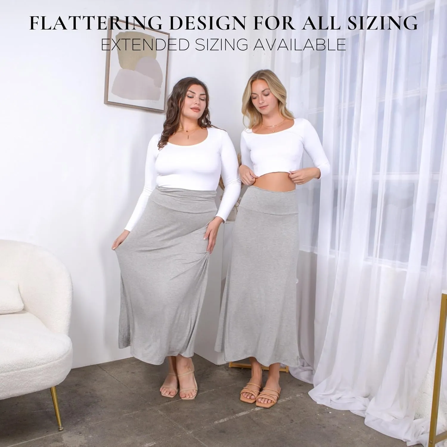 Azules Women's Maxi Skirt: Elegant, Soft, Stretchy Flowy Rayon Boho, High Waist Fold Over ?C Versatile for Any Occasion.