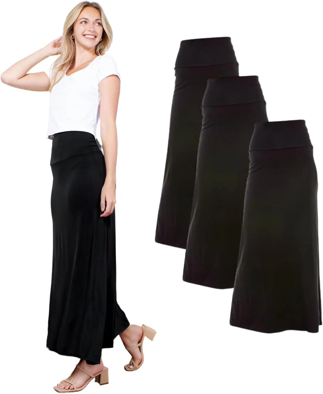 Azules Women's Maxi Skirt: Elegant, Soft, Stretchy Flowy Rayon Boho, High Waist Fold Over ?C Versatile for Any Occasion.