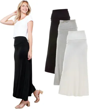 Azules Women's Maxi Skirt: Elegant, Soft, Stretchy Flowy Rayon Boho, High Waist Fold Over ?C Versatile for Any Occasion.