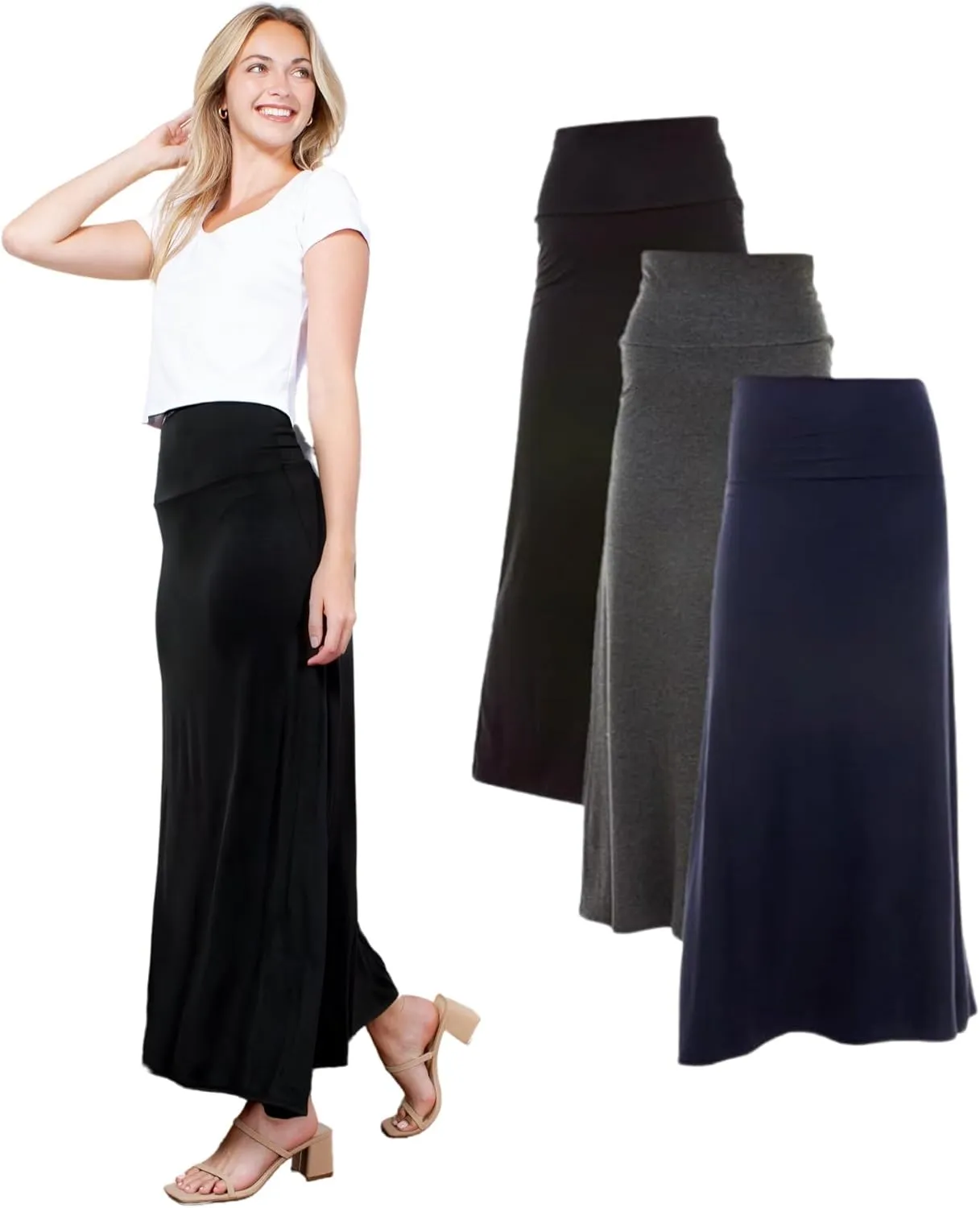 Azules Women's Maxi Skirt: Elegant, Soft, Stretchy Flowy Rayon Boho, High Waist Fold Over ?C Versatile for Any Occasion.