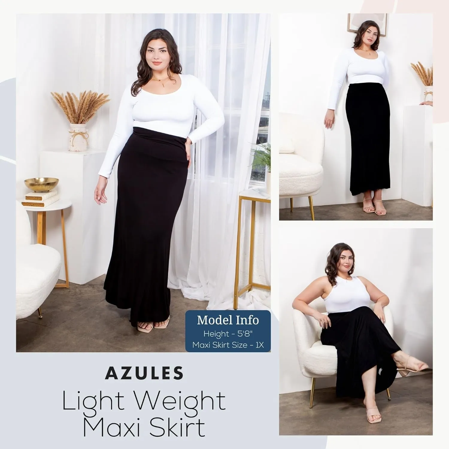 Azules Women's Maxi Skirt: Elegant, Soft, Stretchy Flowy Rayon Boho, High Waist Fold Over ?C Versatile for Any Occasion.