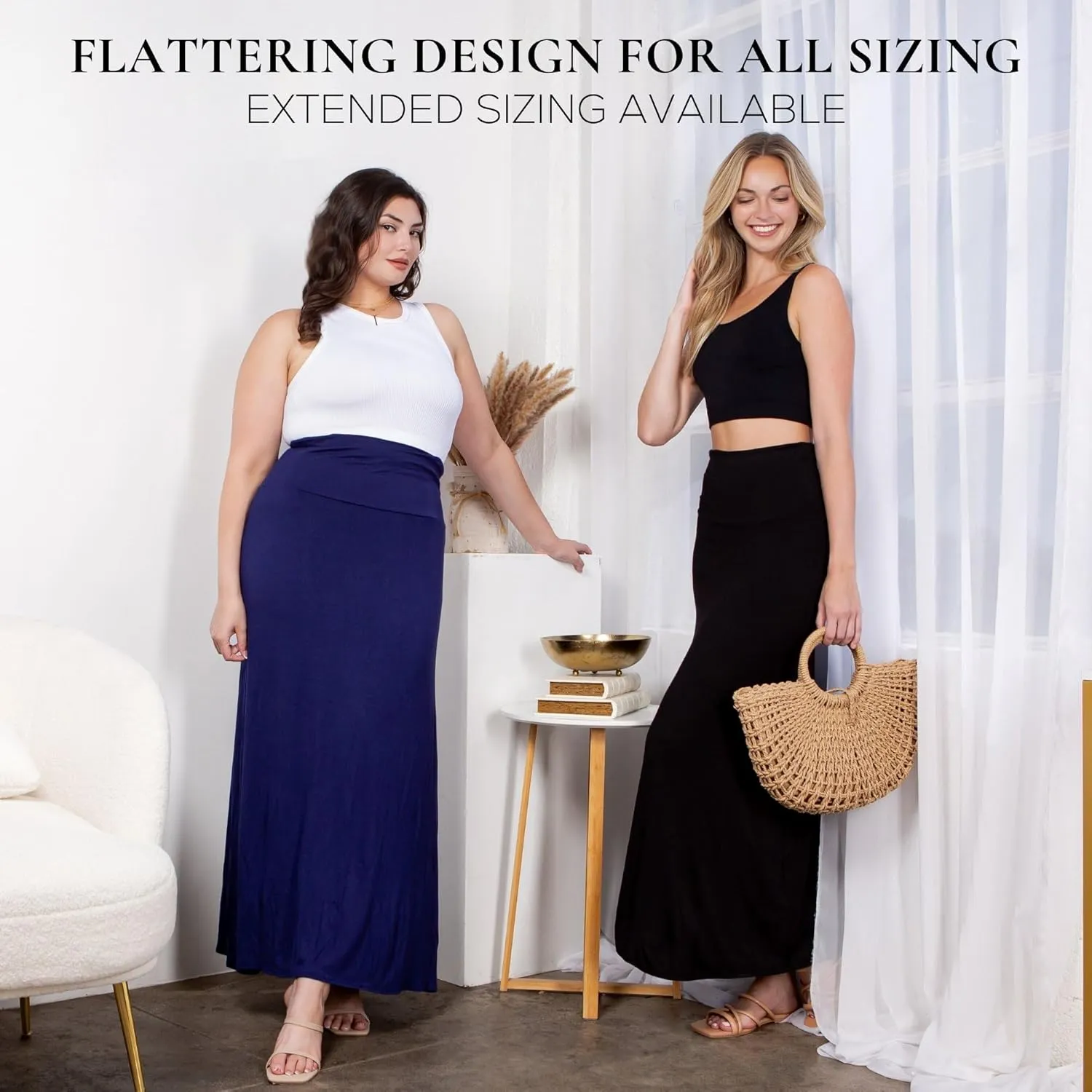Azules Women's Maxi Skirt: Elegant, Soft, Stretchy Flowy Rayon Boho, High Waist Fold Over ?C Versatile for Any Occasion.