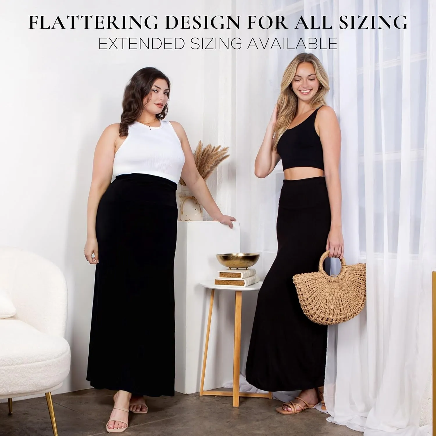 Azules Women's Maxi Skirt: Elegant, Soft, Stretchy Flowy Rayon Boho, High Waist Fold Over ?C Versatile for Any Occasion.