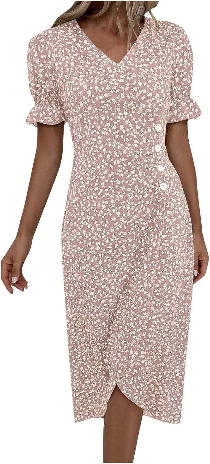 Beach Dresses for Women,2025 Spring Trendy Floral Boho Dress,Elegant V Neck Short Sleeve Irregular Hem Midi Dress