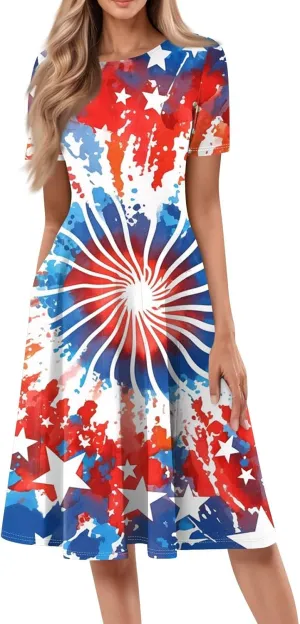 Beach Vacation Clothes for Women 2025 Cami 4th of July Patriotic Sundress Tie Dye Striped Festival Fitted Sun Dress