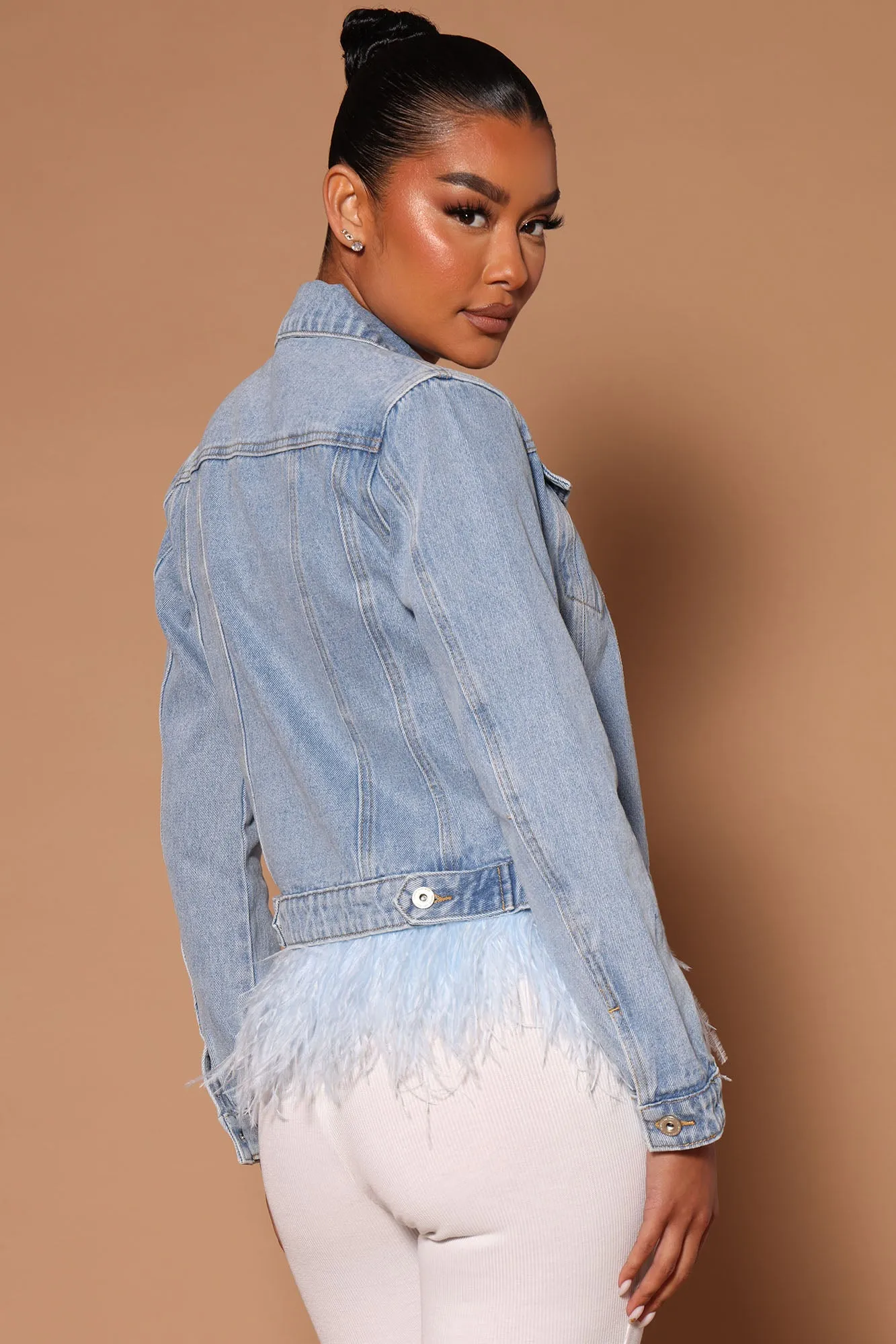 Bianca Feather Trim Denim Jacket - Light Wash