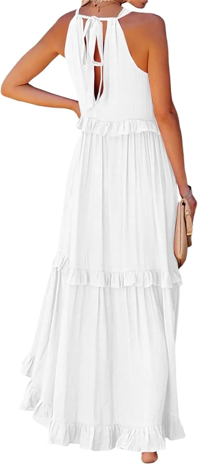 Boho Dresses for Women,2025 Summer Flowy Ruffle Tiered Swing Smocked Beach Sundress,Sleeveless Halter Maxi Dress