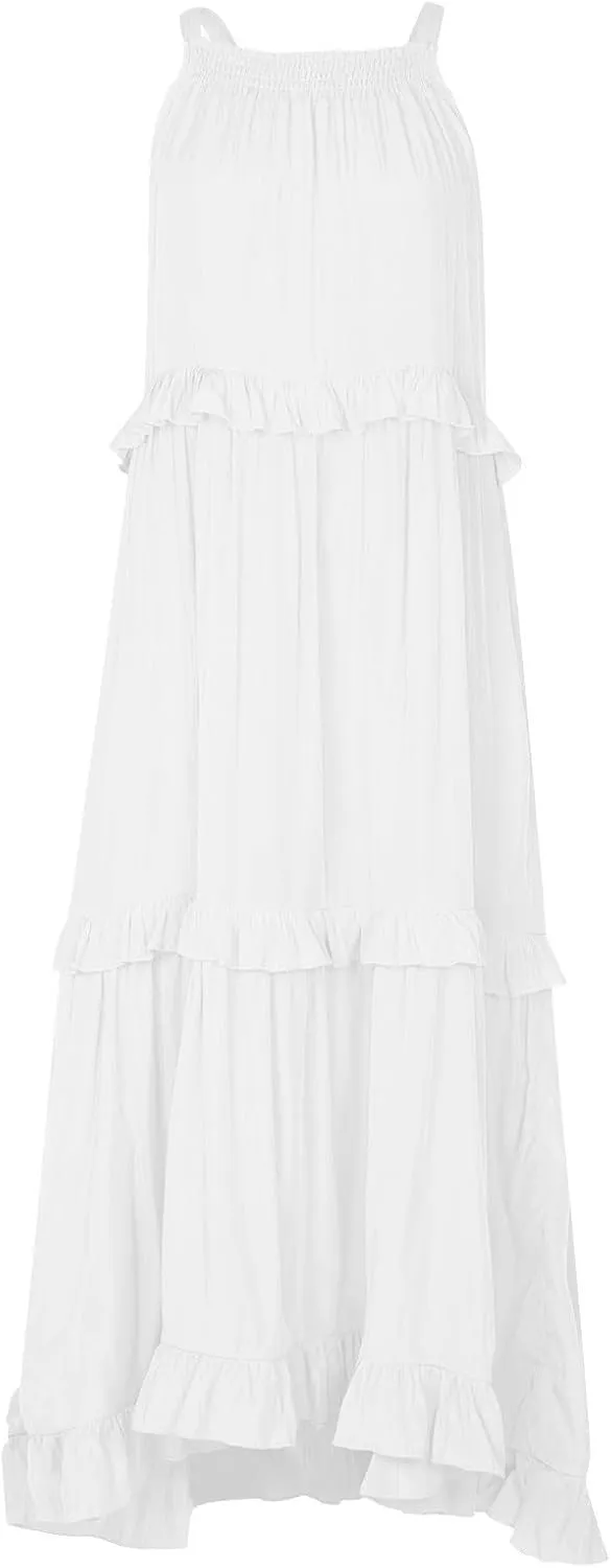 Boho Dresses for Women,2025 Summer Flowy Ruffle Tiered Swing Smocked Beach Sundress,Sleeveless Halter Maxi Dress