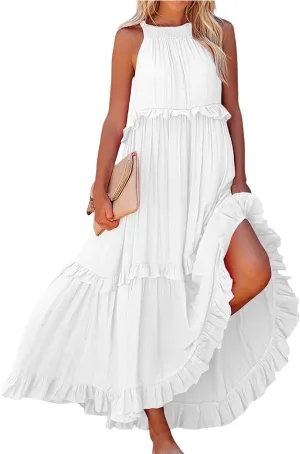 Boho Dresses for Women,2025 Summer Flowy Ruffle Tiered Swing Smocked Beach Sundress,Sleeveless Halter Maxi Dress