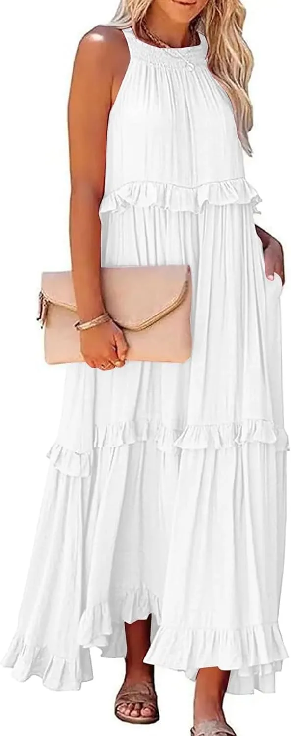 Boho Dresses for Women,2025 Summer Flowy Ruffle Tiered Swing Smocked Beach Sundress,Sleeveless Halter Maxi Dress