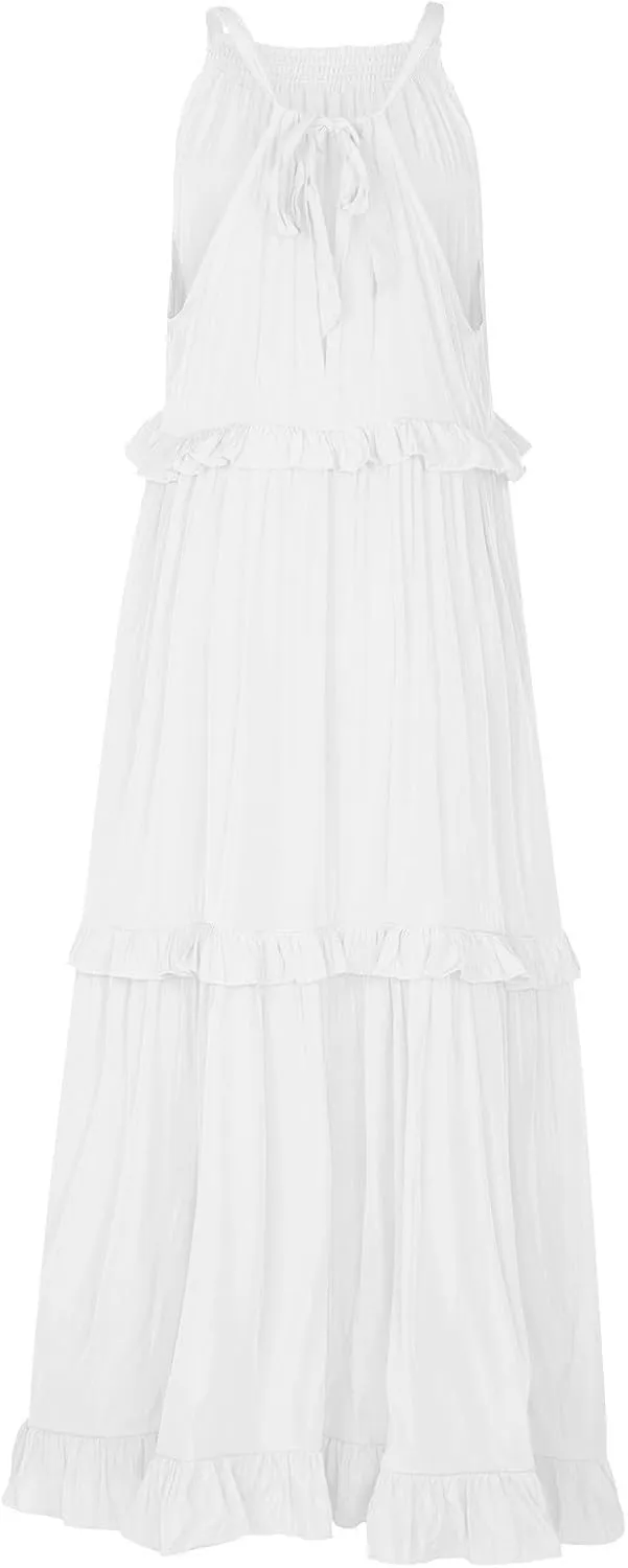 Boho Dresses for Women,2025 Summer Flowy Ruffle Tiered Swing Smocked Beach Sundress,Sleeveless Halter Maxi Dress