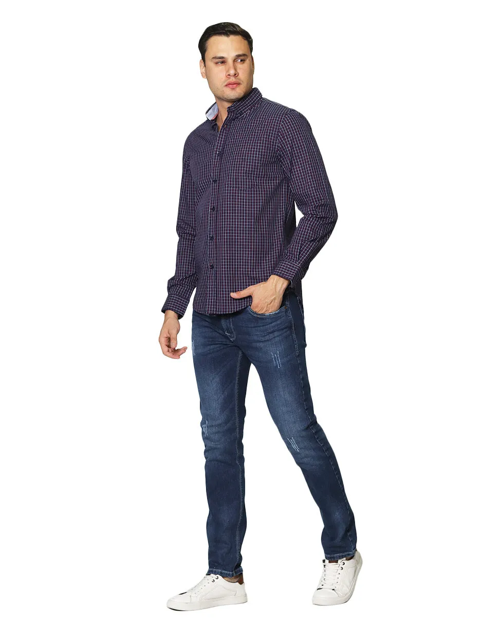 Camisas Para Hombre De Manga Larga Con Estampado De Cuadros Multicolor Cuello Americano Regular Fit B41217 Marino