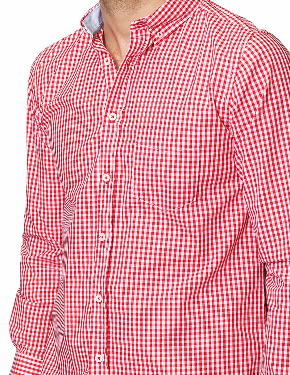 Camisas Para Hombre De Manga Larga Cuello Americano Con Estampado De Cuadros Medianos Regular Fit B41215 Rojo