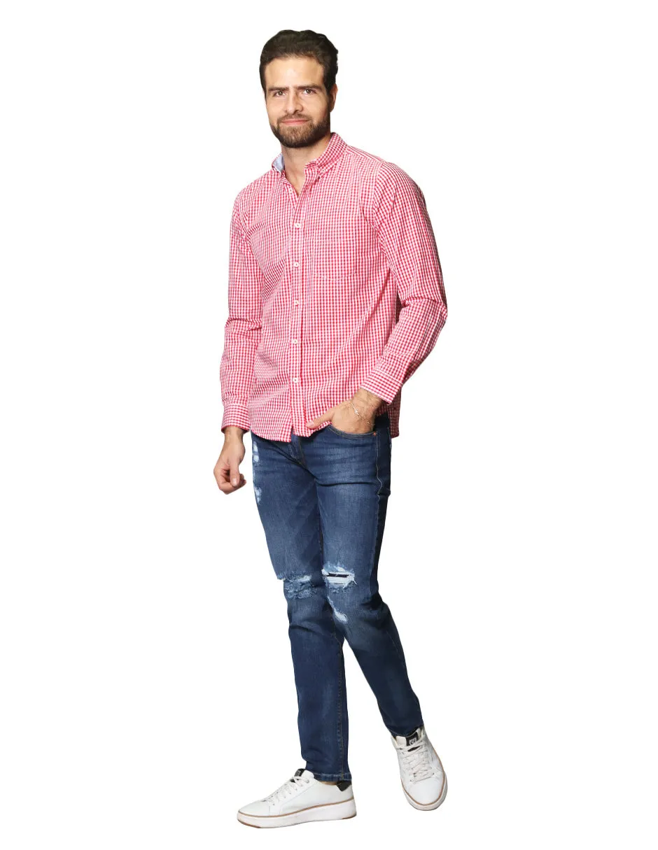 Camisas Para Hombre De Manga Larga Cuello Americano Con Estampado De Cuadros Medianos Regular Fit B41215 Rojo