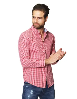 Camisas Para Hombre De Manga Larga Cuello Americano Con Estampado De Cuadros Medianos Regular Fit B41215 Rojo