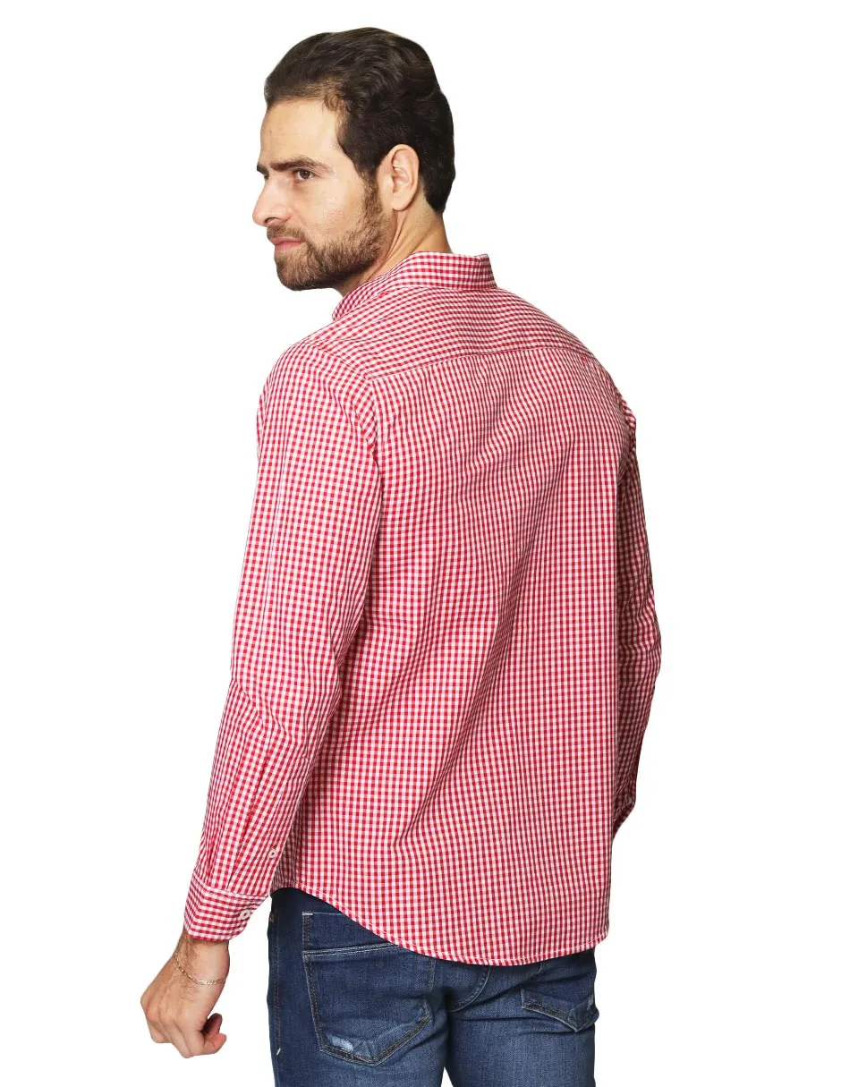 Camisas Para Hombre De Manga Larga Cuello Americano Con Estampado De Cuadros Medianos Regular Fit B41215 Rojo