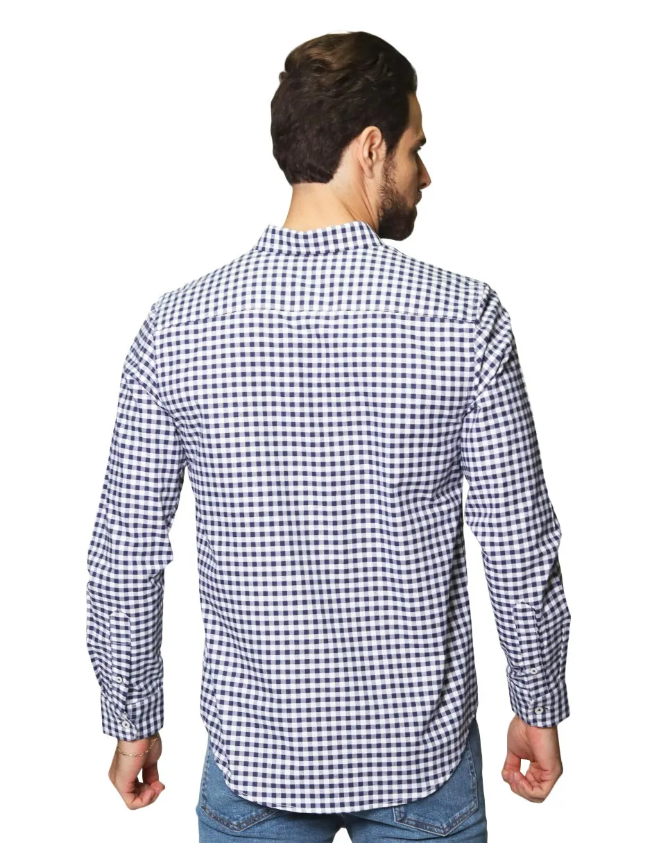 Camisas Para Hombre De Manga Larga Cuello Americano Con Estampado De Cuadros Slim Fit B41115 Marino