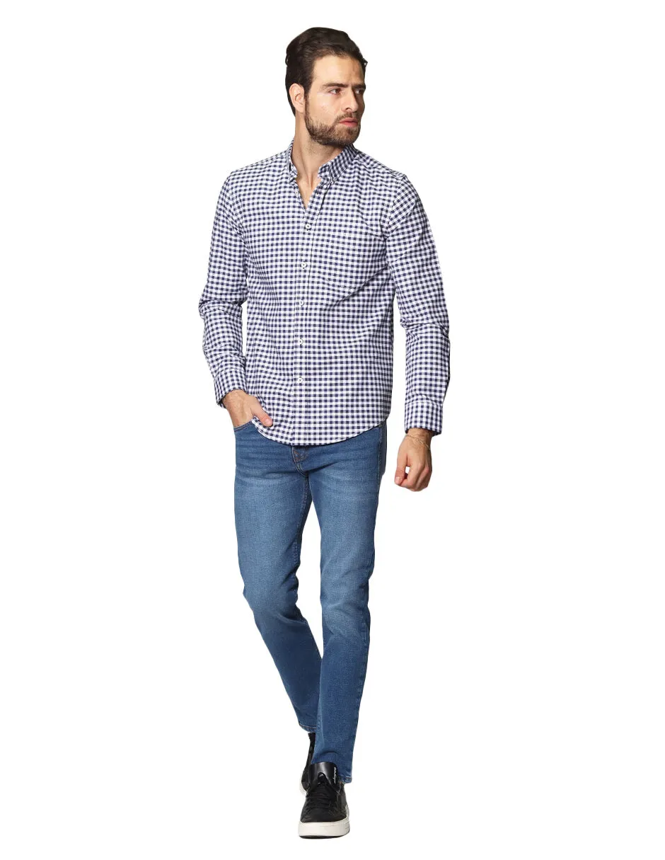 Camisas Para Hombre De Manga Larga Cuello Americano Con Estampado De Cuadros Slim Fit B41115 Marino